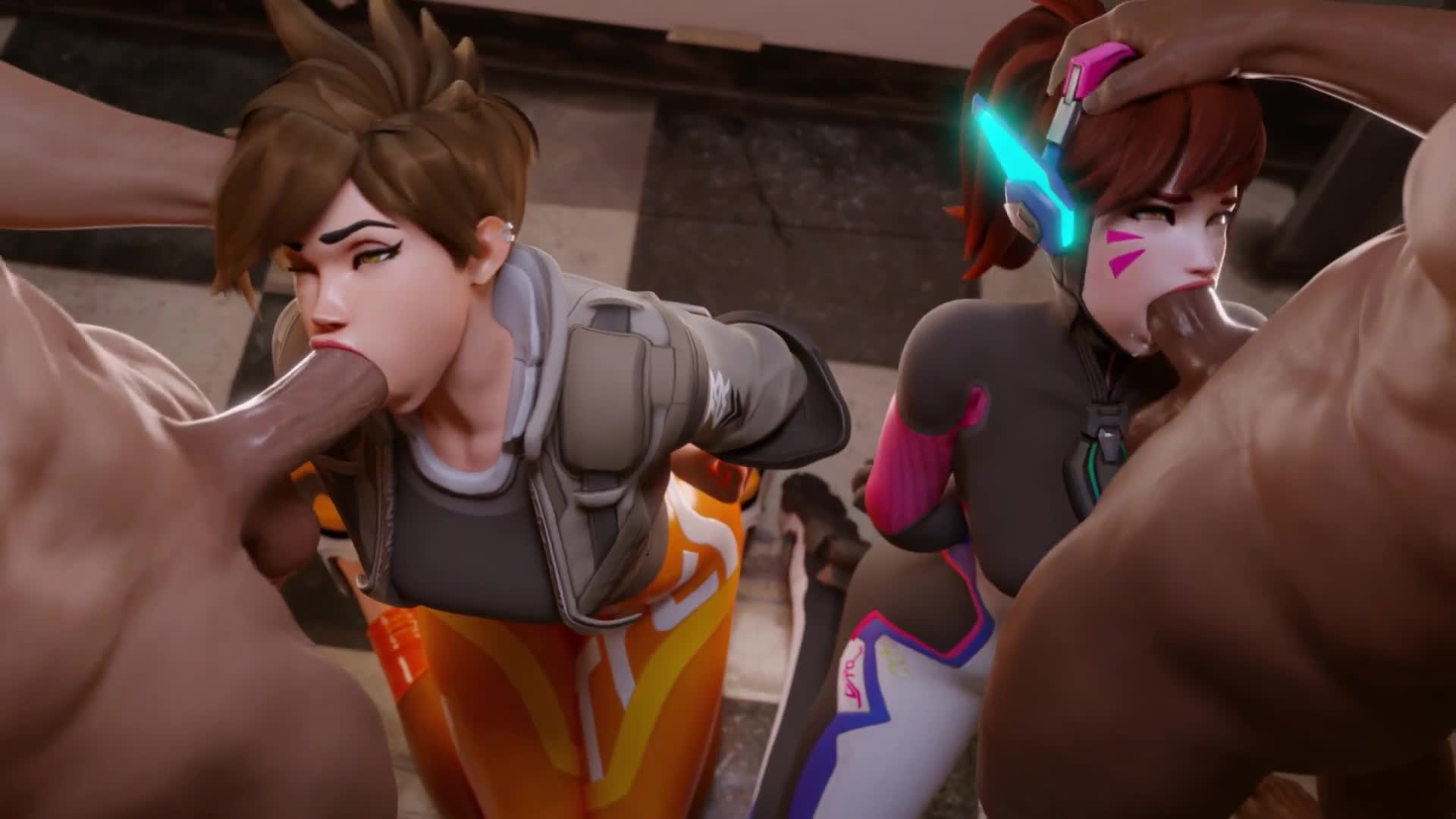 D.va and <b>Tracer</b> (Overwatch) both used as cumdump, endless line of guys cums...